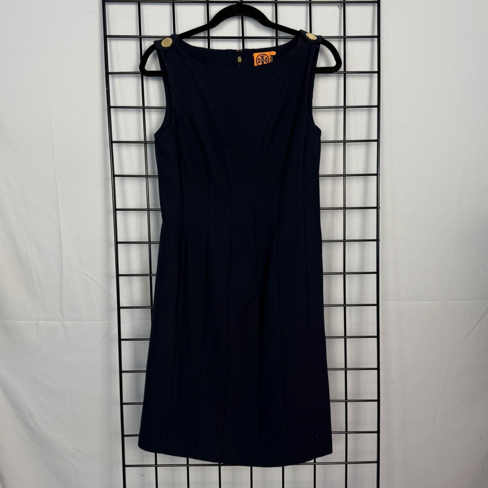 Tory Burch Sheath Dress Womens 6 Navy Blue Classic Wool Blend Sleeveless